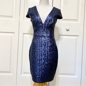 Dress The Population Bree Plunging V Neck Navy Blue Sequin Bodycon Dress